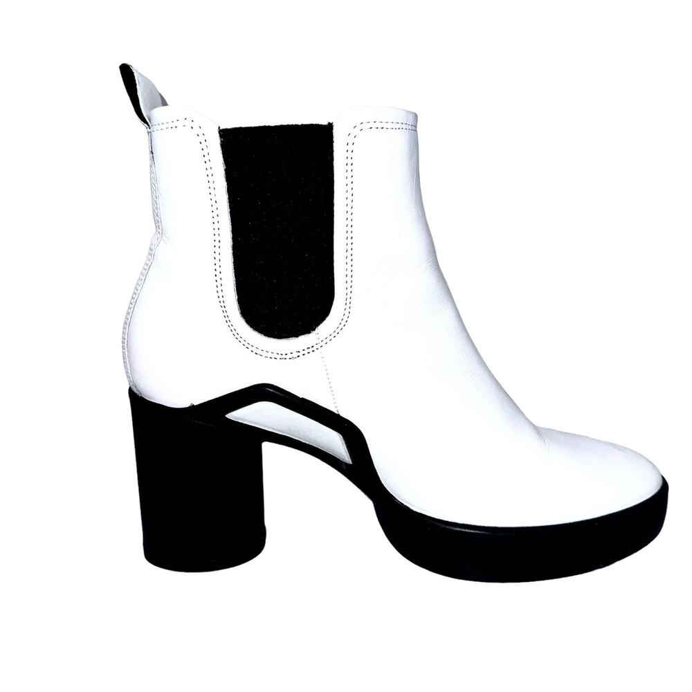 White and Black Chelsea Block Heel Ankle Boot